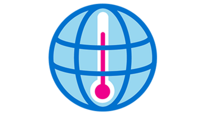 Weltkugel mit Breiten- und Längengraden und Thermometer davor