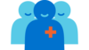 Icon mit drei Personen, die ein rotes Kreuz auf der Brust tragen. Es steht für medizinisches Personal.