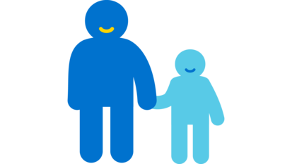 Icon von einer Person, die ein Kind an der Hand hält. Es steht für ein Elternteil mit Kind. 