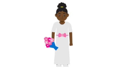 Junges Mädchen im Brautkleid mit Blumenstrauß in der Hand