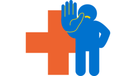 Icon einer Person vor einem Kreuz. Die Person hält die rechte Hand abwehrend als Stopp-Geste nach vorne. Es steht für unseren Wirkungsbereich sexuelle und reproduktive Gesundheit und Rechte. 
