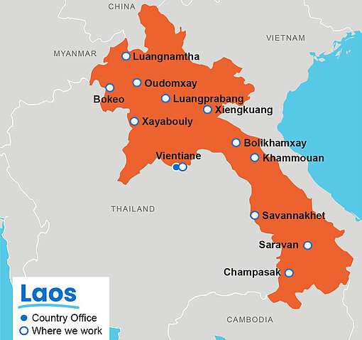 Plan International arbeitet in Laos in insgesamt zwölf Provinzen Karte von Laos mit eingezeichneten Provinzen und Grenzen