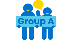 Icon von zwei Personen. Sie halten ein Schild mit der Aufschrift "Group A" hoch.