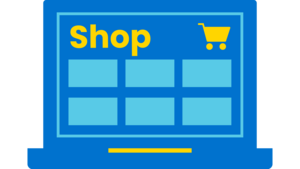 Icon eines Laptops, der aufgeklappt ist. Auf dem Bildschirm ist das Wort "Shop" und ein Einkaufswagen. Es steht für den Plan-Shop.