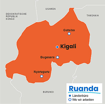 Karte von Ruanda mit markierten Projektregionen von Plan International: Kigali, Bugesera, Nyaruguru und Gatsibo.