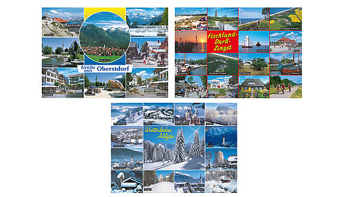 3 Postkarten mit Motiven aus Deutschland Drei Postkarten mit Motiven vom Meer, in den Bergen und von Landschaften im Schnee