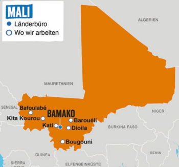 Karte von Mali mit markierten Projektregionen und Länderbüro, darunter Bamako, Kita, Kourou, Kati, Bougouni, Dioila, Barouéli und Bafoulabé