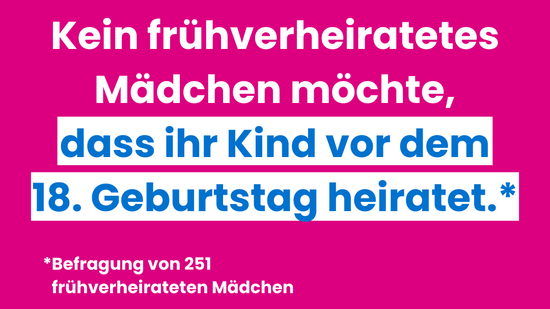 Pinke Informationsgrafik von Plan International zum Welt-Mädchentag. In weißen und blauen Buchstaben steht: ‚Kein frühverheiratetes Mädchen möchte, dass ihr Kind vor dem 18. Geburtstag heiratet.‘ Darunter Hinweis: ‚Befragung von 251 frühverheirateten Mädchen.‘ Unten rechts das Logo vom Welt-Mädchentag mit Plan International. Kleine Quellenangabe: Plan International (2025). State of the World’s Girls Report.