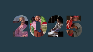 Jahreszahl 2025 mit Bildern zu Bildung, Familie und Fürsorge Grafik mit der Jahreszahl 2025, gefüllt mit Fotos von Kindern und Familien aus verschiedenen Alltagssituationen, die Themen wie Bildung, Gesundheit und Fürsorge darstellen.