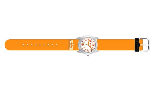 Armbanduhr mit sportlichem Gehäuse und orangefarbenem Armband.