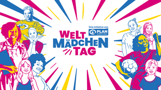 Im Pop-Art Stil gezeichnete Mädchen mit dem Schriftzug "Weltmädchentag" in der Mitte