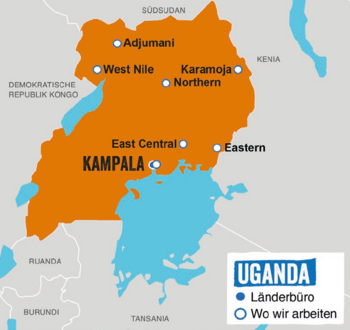 Karte von Uganda mit markierten Regionen wie West Nile, Karamoja, Eastern und Kampala sowie umliegenden Nachbarländern