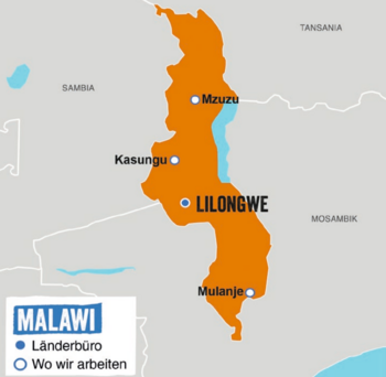 Karte von Malawi mit markierten Projektregionen von Plan International: Lilongwe (Länderbüro), sowie Mzuzu, Kasungu und Mulanje als Einsatzorte. Umgebende Länder: Sambia, Tansania und Mosambik.
