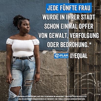 Eine junge Frau lehnt an einer Hauswand, neben ihr Text: Jede fünfte Frau wurde in ihrer Stadt schon einmal Opfer von Gewalt, Verfolgung oder Bedrohung.