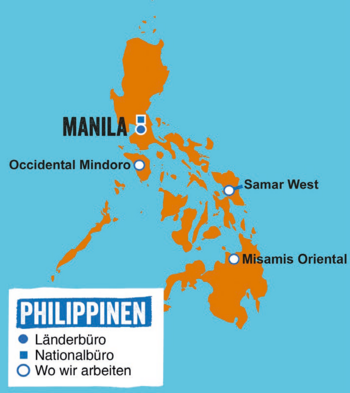 „Karte der Philippinen mit Projektstandorten von Plan International – unter anderem in Manila, Occidental Mindoro, Samar West und Misamis Oriental.