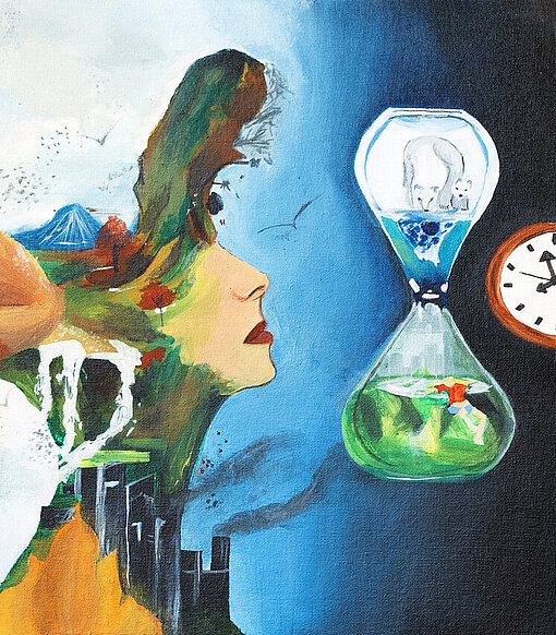 „Die Zeit tickt“ Ein Bild eines Kopfes, bestehend aus Natur und Industrie, mit einer Uhr und einer Sanduhr daneben