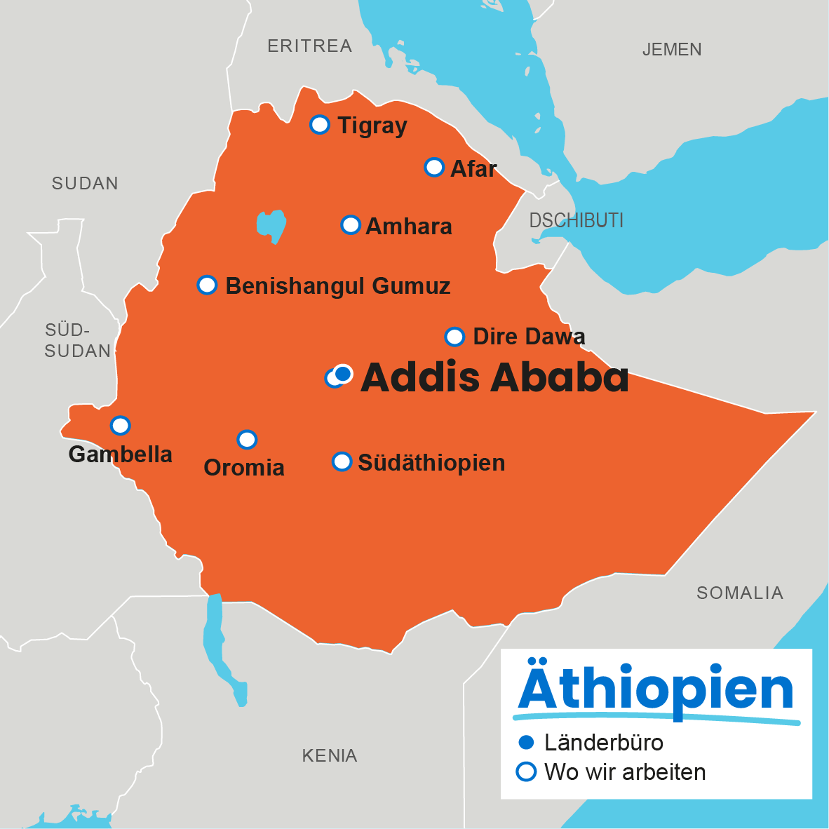 Karte von Äthiopien mit Projektregionen von Plan International: Addis Ababa (Länderbüro), Tigray, Afar, Amhara, Benishangul-Gumuz, Dire Dawa, Oromia, Südäthiopien und Gambella.