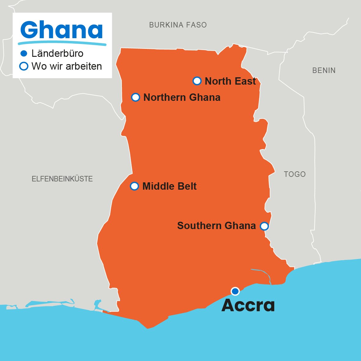 Karte von Ghana mit Projektregionen von Plan International: Accra (Länderbüro), North East, Northern Ghana, Middle Belt und Southern Ghana.