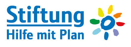 Gezeigt ist das Logo der Stiftung Hilfe mit Plan, das rechts neben des Namens eine Sonne mit bunten Sonnenstrahlen umfasst.