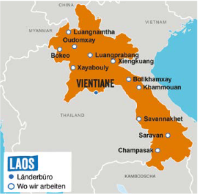 Karte von Laos mit hervorgehobener Projektregion Bokeo und weiteren Städten, sowie Standorten des Länderbüros und Projektarbeit